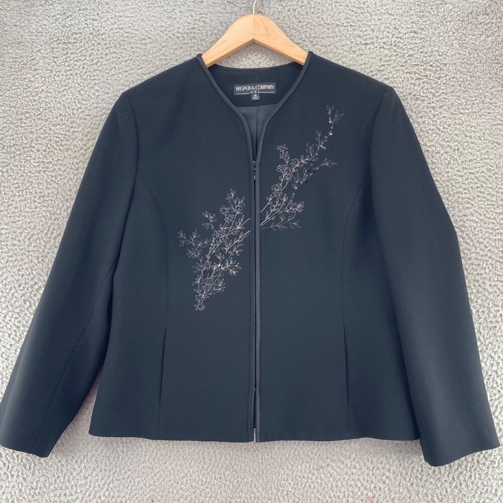 Kasper & Company Jacket Womens 16 Black Full Zip Sequin Embroidered Pockets Work